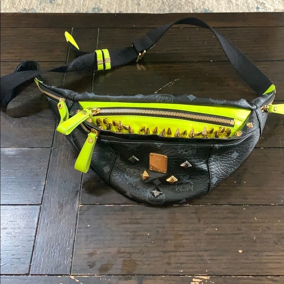 MCM Other - MCM Black & Neon Green Leather Fanny Pack
